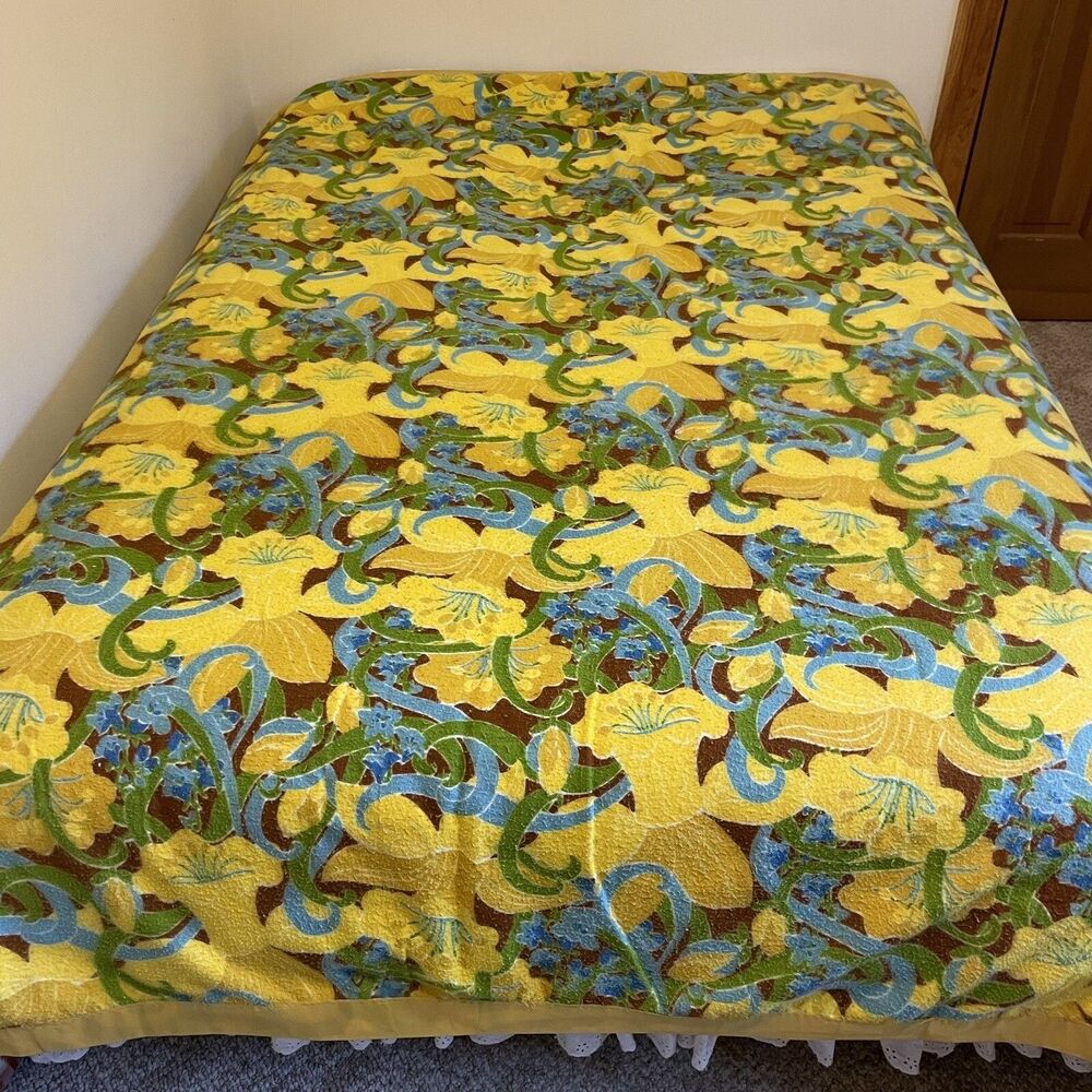 Vtg Pierre Cardin For Fieldcrest Blanket Floral 60s 70s 82x88 Queen Reversible